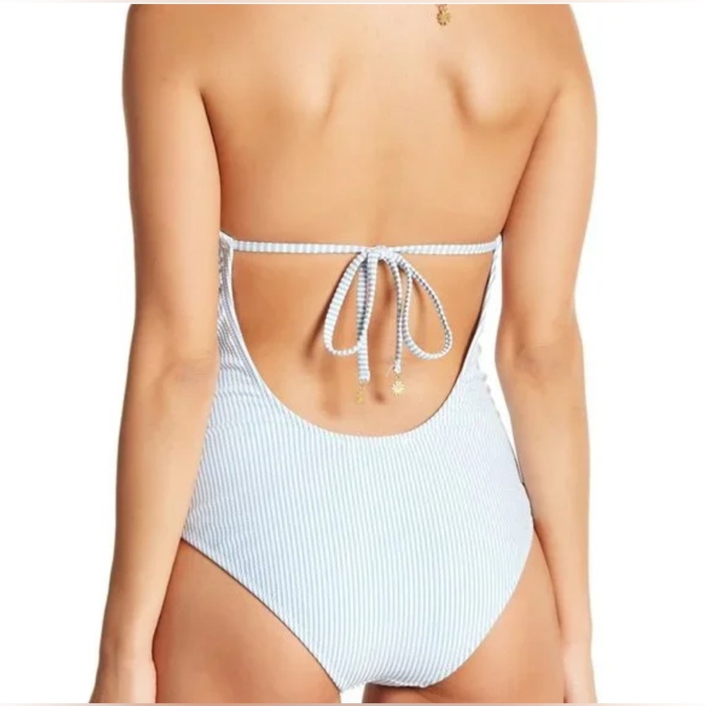 Jessica Simpson Under The Sea Scalloped Edge Stripped Halter One-Piece Swimsuit - Picture 3 of 15